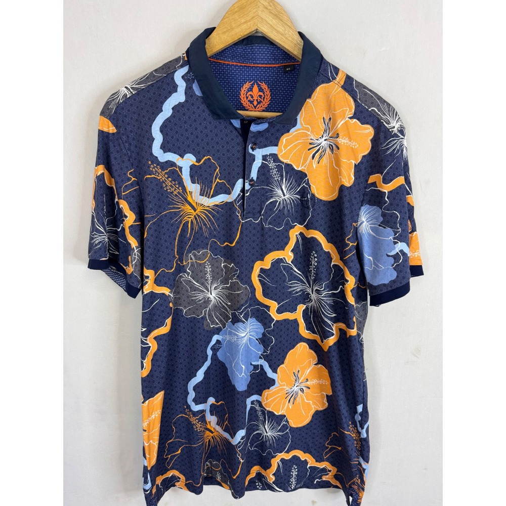 Au Noir Mens Mercerized Cotton Tropical Floral‎ Polo Shirt Navy Orange Large